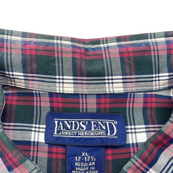 Lands End Shirt Mens Extra Large XL Green Plaid Long Sleeve Button Down Shirt - Picture 7 of 12